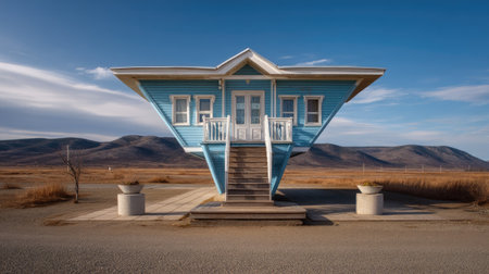 A striking blue house featuring an upside-down design stands against a vast landscape, creating a surreal architectural masterpiece under a clear sky.の素材