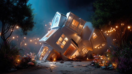 A surreal scene depicting a tilted house nestled in an enchanted garden, surrounded by twinkling lights, creating a dreamlike and magical atmosphere.の素材