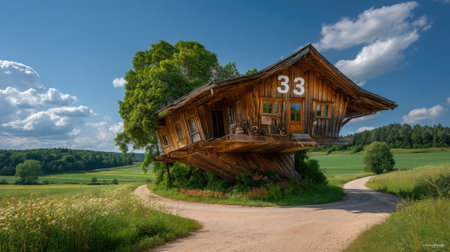An enchanting scene featuring a uniquely tilted wooden house amidst lush greenery and bright blue sky, showcasing unconventional architectural design in nature.の素材