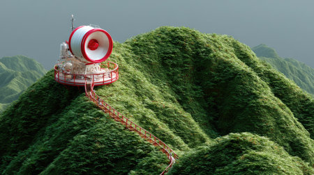 A unique futuristic sound device stands on vibrant green hills, connected by a spiraling pathway, under a cloudy sky, merging technology with nature.の素材