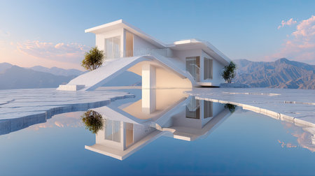 This stunning image showcases a luxurious modern house with sleek lines, harmoniously set against majestic mountains and reflective water, creating a serene atmosphere.の素材