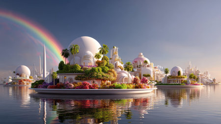 This stunning futuristic landscape features breathtaking islands with white domes surrounded by lush flowers and palm trees, all reflected in serene waters under a captivating rainbow.の素材