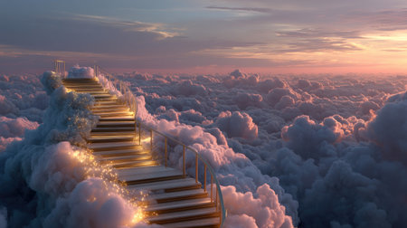 A stunning stairway made of shimmering materials rises through soft, colorful clouds at sunset, creating a surreal and peaceful scene filled with wonder.の素材