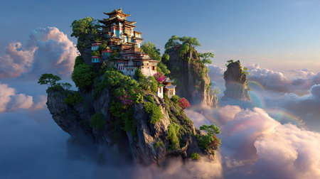 A mesmerizing mountain temple rests atop a rocky peak, surrounded by soft clouds and vibrant rainbows, evoking a serene and magical atmosphere.の素材