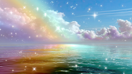 This enchanting image captures a serene ocean view at sunrise, showcasing colorful clouds and shimmering stars in a dreamlike sky. Perfect for artistic projects.の素材