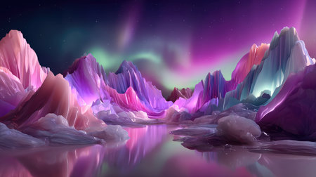 A captivating portrayal of vibrant mountains shimmering under the night sky, with colorful reflections in a tranquil lake that evokes a dreamlike atmosphere.の素材