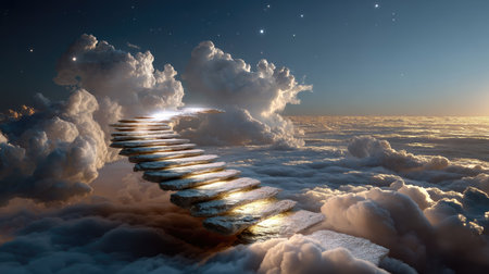 An enchanting staircase ascends into the sky among fluffy clouds, illuminated by soft light, inviting viewers into a serene, dreamlike journey.の素材