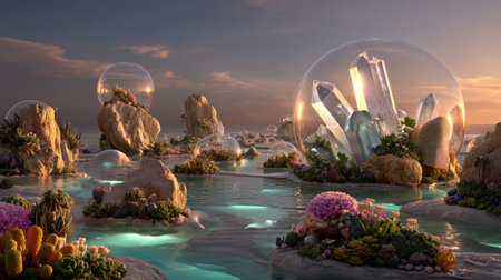 A breathtaking view of an enchanted crystal garden featuring luminous waters, intriguing rock formations, and vibrant flora, all glowing under a stunning sunset.の素材