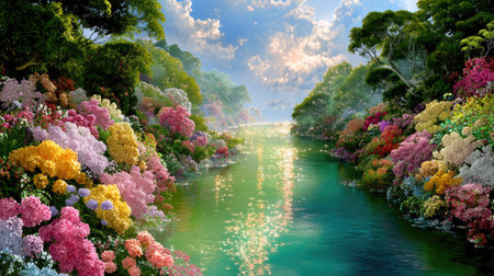 A picturesque river flows gently through a vibrant landscape filled with colorful flowers. The scene captures the serene beauty of nature at dusk, reflecting the soft light and rich hues of the blossoms. Ideal for conveying tranquility and natural splendor.の素材