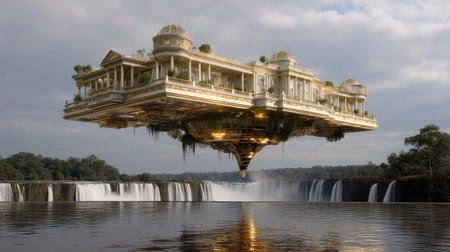 Discover a stunning futuristic mansion floating above tranquil waterfalls, surrounded by lush greenery. This artistic vision captures serenity and innovation in a dreamlike environment.の素材