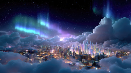 A captivating fantasy cityscape illuminated by colorful northern lights, surrounded by fluffy clouds. This enchanting scene showcases a magical night sky filled with vibrant auroras over a stunning urban skyline.の素材