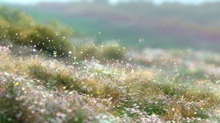 This captivating image showcases a vibrant meadow filled with flowers, illuminated by soft sunlight and delicate bokeh effects, creating an ethereal atmosphere.の素材