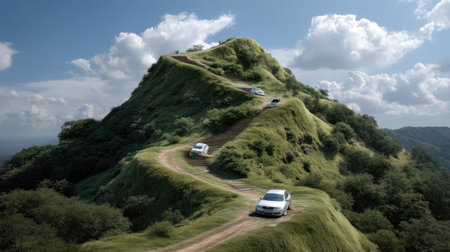 A stunning scene featuring vehicles driving along a winding dirt trail on a lush green hill, surrounded by nature, under a bright sky with clouds.の素材