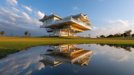 A remarkable cantilevered house stands gracefully above a serene pond, with its stunning reflection captured during golden hour. This modern architectural marvel showcases a unique design, surrounded by a lush green landscape that enhances its beauty. Perfect for visuals depicting luxury living and innovative construction.の素材