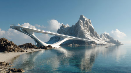 A stunning futuristic bridge stretches over calm waters, reflecting the majestic mountains nearby. This captivating scene combines nature and modern architecture, showcasing innovative design elements against a serene backdrop.の素材