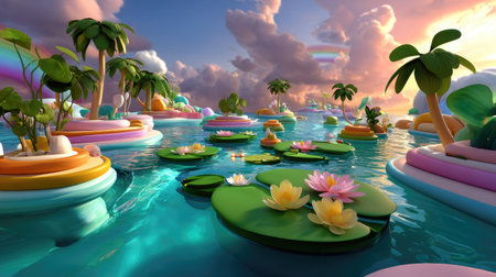 A stunning digital artwork depicting vibrant floating islands adorned with colorful lilies and tropical palms, set against a beautiful sunset sky.の素材