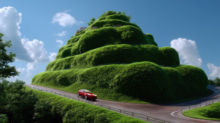 A vibrant red car navigates a winding road around a lush green hill under a bright blue sky. The scene captures serene nature and adventure.の素材