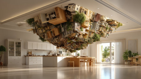 This imaginative kitchen features an unusual upside-down arrangement of houses and greenery, creating a stunning blend of art and nature in a modern setting.の素材