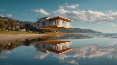 A striking modern floating house hovers over calm beach water, reflecting landscapes of serene mountains and fluffy clouds, creating a picturesque getaway.の素材