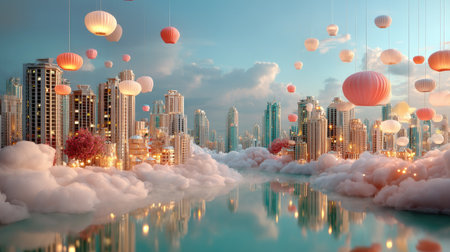 This enchanting cityscape features vibrant floating lanterns above a tranquil water surface, surrounded by soft clouds and stunning architecture.の素材