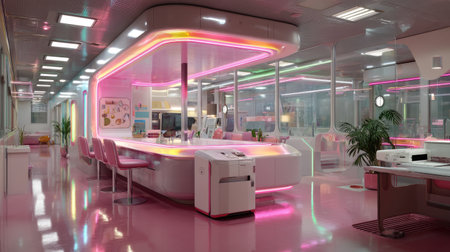A vibrant and modern healthcare reception area showcases innovative design with neon lights and a sleek aesthetic. This inviting space emphasizes comfort and professionalism.の素材