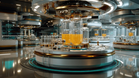 A modern laboratory showcases advanced glass equipment filled with vibrant colored liquids, highlighting a sleek and futuristic design for scientific experiments.の素材