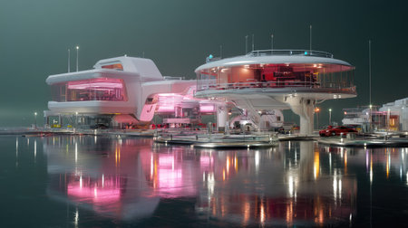 This stunning image showcases futuristic architecture with neon lights illuminating the night. The reflections in the water create a mesmerizing ambiance, evoking a sense of innovation and tranquility.の素材
