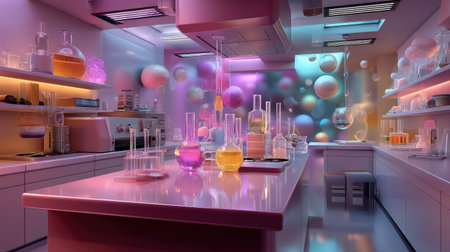 A vibrant science laboratory featuring colorful glassware and bubbles, creating a dynamic and inspiring environment for experimentation and discovery.の素材