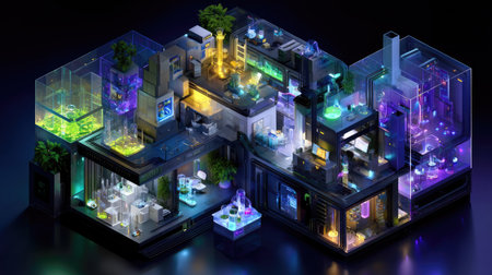 Explore a captivating futuristic indoor space blending a cozy living area and a vibrant laboratory, illuminated by striking neon lights.の素材