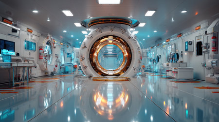 This image showcases a futuristic space laboratory interior, featuring sleek design, advanced technology, and a clean, sterile environment. The atmosphere reflects innovation in space exploration.の素材
