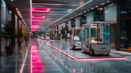A captivating view of a modern interior featuring illuminated walkways and automated service carts, showcasing sleek design and vibrant colors for a futuristic atmosphere.の素材