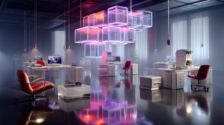 A modern office interior featuring sleek furniture and artistic lighting. The design promotes creativity and professionalism in a contemporary workspace. Ideal for showcasing innovation and style.の素材