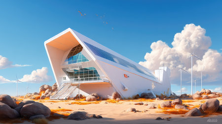 This striking image showcases a futuristic architectural masterpiece set in a serene, windswept landscape, combining creativity and modern design elements.の素材