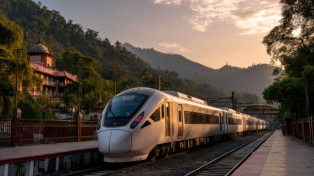 A sleek, modern high-speed train rests at a tranquil station. Surrounded by vibrant hills, this image captures the beauty of travel at sunset.の素材