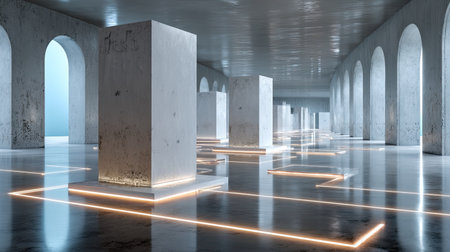 This modern interior features large concrete columns surrounded by illuminated pathways, creating a minimalist and tranquil atmosphere perfect for artistic inspiration.の素材