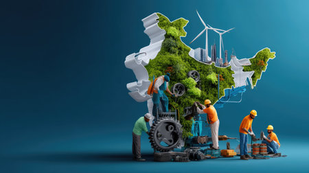 This vibrant illustration depicts a map shaped design emphasizing sustainable development, featuring workers engaged in green energy initiatives and industrial growth.の素材