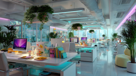 A vibrant and modern office interior showcasing stylish workstations adorned with greenery, large windows, and natural light, promoting productivity and creativity.の素材