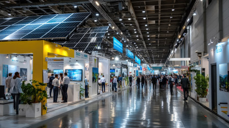 A vibrant trade show scene showcasing diverse booths dedicated to renewable energy, featuring solar panels and sustainable technology, attracting many professionals.の素材