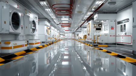 This image showcases a modern industrial space designed for laundry operations, featuring bright lighting, well-maintained equipment, and a clean environment conducive to efficiency.の素材