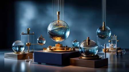 This stunning image features elegant glass globes filled with swirling water, intricate mechanisms, and beautiful light reflections, creating an artistic laboratory scene.の素材