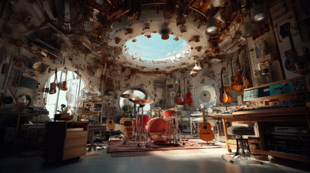 This captivating music studio features an eclectic mix of instruments, warm lighting, and creative energy, ideal for musicians and producers seeking inspiration.の素材
