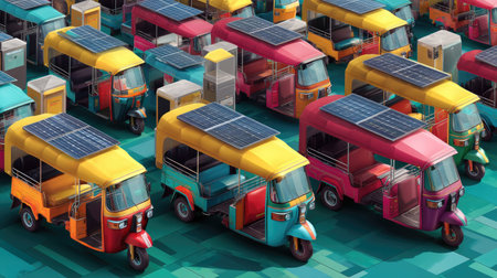 A vibrant collection of solar-powered rickshaws parked in an urban environment represents a shift towards sustainable transportation solutions.の素材