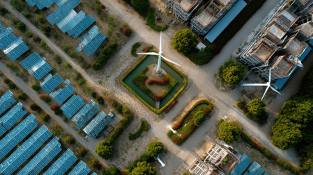 This aerial image showcases a harmonious blend of renewable energy sources, including an array of solar panels and sleek wind turbines, surrounded by vibrant greenery.の素材
