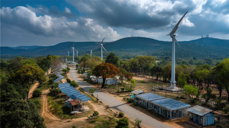 Aerial view of a tranquil rural landscape featuring wind turbines amidst rolling hills, showcasing a blend of technology and nature in harmony.の素材