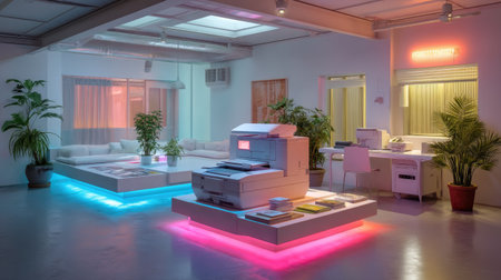 A vibrant office workspace featuring a stylish printer station, modern furniture, and lush plants, all enhanced by colorful ambient lighting that promotes creativity.の素材