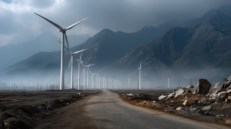 A captivating scene showcasing towering wind turbines amidst a foggy mountain landscape. The serene road leads through a tranquil environment, reflecting renewable energy development.の素材