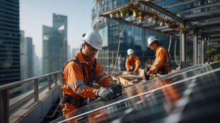 Professional engineers in safety gear install solar panels on a rooftop in an urban setting, showcasing teamwork and commitment to renewable energy solutions.の素材
