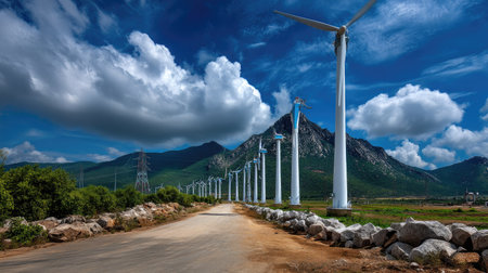 A captivating image showcasing wind turbines lining a dirt road, with majestic mountains and fluffy clouds creating a stunning backdrop that highlights renewable energy and nature's beauty.の素材