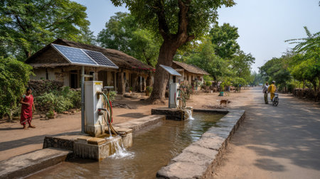 A picturesque village scene featuring solar water pumps along a peaceful pathway. The setting showcases greenery, traditional homes, and a sunny atmosphere.の素材