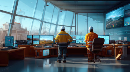 This image showcases two workers in safety gear monitoring operations in a modern control room. The room features large windows and displays, emphasizing teamwork and technology in a professional setting.の素材